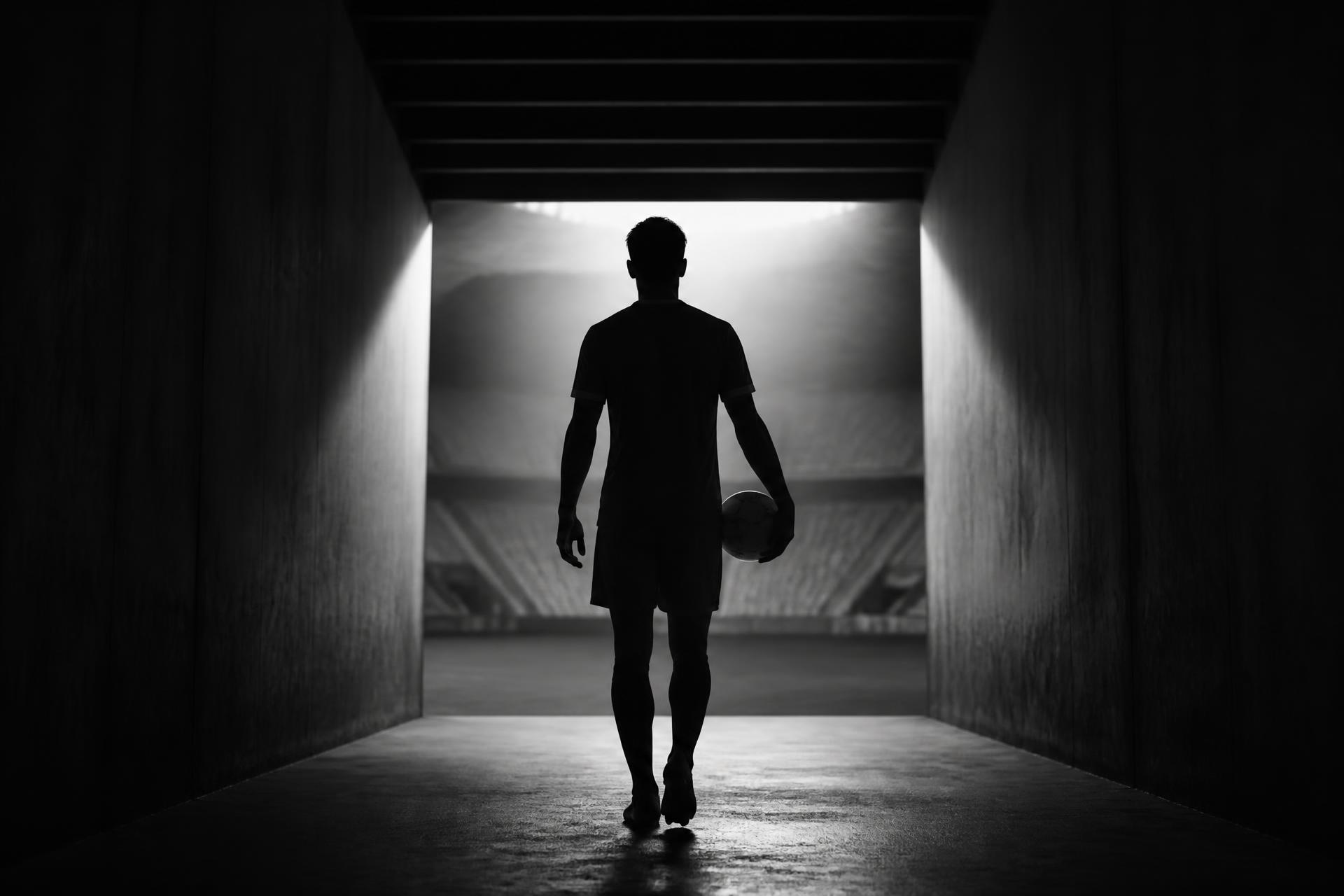 Professional soccer player holding a ball in a stadium tunnel before walking out